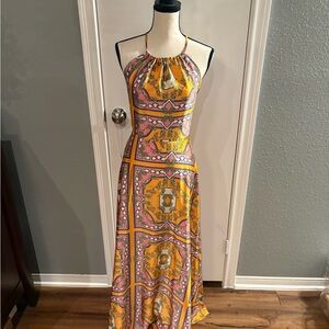Greek print, maxi dress with halter/criss-crossed straps.